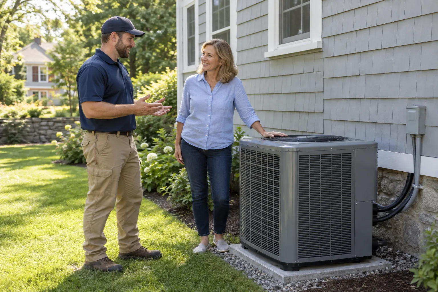 A friendly local HVAC provider explaining a new outdoor AC unit to a homeowner near a house in Scranton