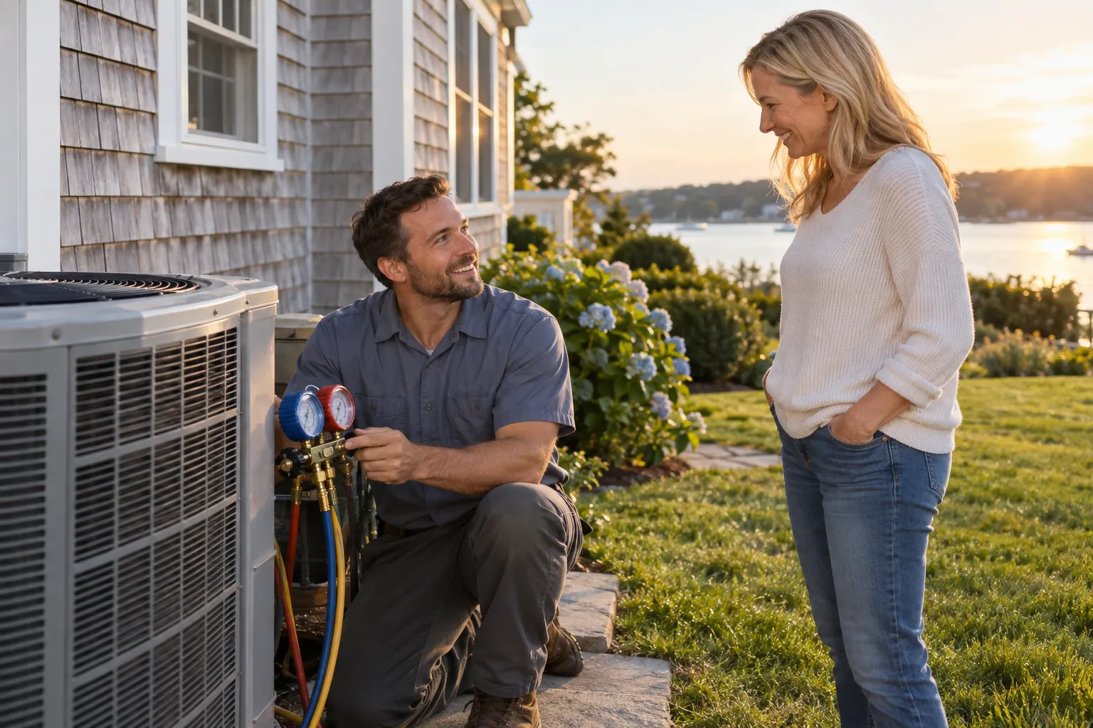 A friendly local HVAC provider checking an outdoor air conditioner unit beside a home in the Scranton area