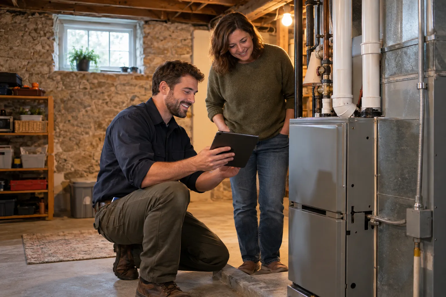 Friendly local HVAC provider checking a furnace in a home basement in Scranton